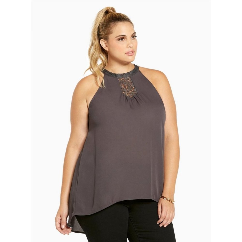 Torrid Georgette 2X Lace Inset Mock Neck Tank Top Gray Hi Low